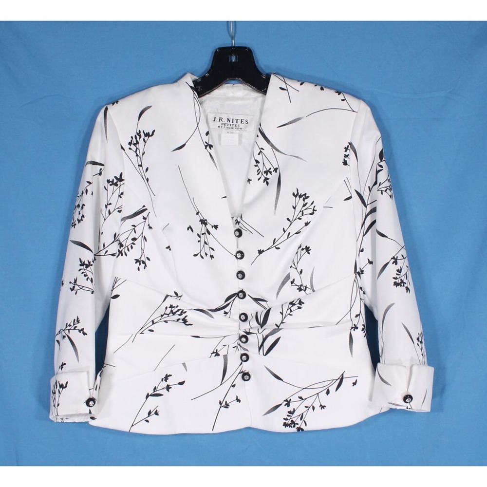 JR NITES PETITE White w/Black FLORAL PRINT RHINESTONE BUTTONS Satin BLOUSE Sz 8P